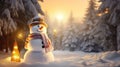 snowman in winter christmas scene with snow pine trees and warm light Royalty Free Stock Photo