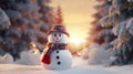 snowman in winter christmas scene with snow pine trees and warm light Royalty Free Stock Photo