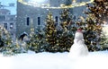 snowman winter city Christmas tree illuminated snow flakes festive bokeh light on Town hall square in Tallinn Estonia 3 d illu