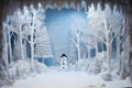 Snowman in winter forest. Christmas card. 3D rendering, with copy space Royalty Free Stock Photo
