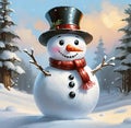 Snowman in the winter forest. Christmas and New Year background.