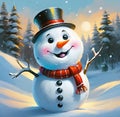 Snowman in the winter forest. Christmas and New Year background.