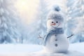 Snowman in the winter forest. Christmas and New Year background, Panoramic view of happy snowman in winter secenery with copy Royalty Free Stock Photo