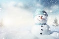 Snowman in winter forest. Christmas and New Year holidays background. Royalty Free Stock Photo