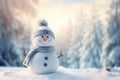 Snowman in winter forest. Christmas and New Year holidays background, Panoramic view of happy snowman in winter secenery with copy Royalty Free Stock Photo