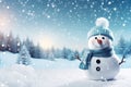 Snowman in winter forest. Christmas and New Year holidays background, Panoramic view of happy snowman in winter secenery with copy Royalty Free Stock Photo
