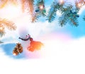 Snowman. winter forest with snow covered trees. outdoor. Happy New Year and Merry Christmas. snowman Royalty Free Stock Photo