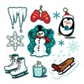 Snowman winter fun illustration set sled ice skates hot cocoa Royalty Free Stock Photo