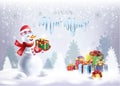 Snowman Winter Holiday Christmas gifts card Happy New Year sign vector illustration template Royalty Free Stock Photo