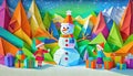 Snowman in winter landscape, Christmas decoration card, Merry Christmas illustration, ai generated