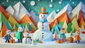 Snowman in winter landscape, Christmas decoration card, Merry Christmas illustration, ai generated