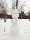 A snowman in winter landscape. snowman wizard in a pointed hat