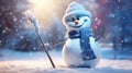 Snowman in winter snow fall landscape, Christmas holiday season celebration, ai generated Royalty Free Stock Photo