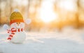 Snowman in winter wonderland scene. Christmas, New Year postcard design. Wintertime magic. Snowman in december snow at sunset Royalty Free Stock Photo