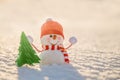 Snowman in winter wonderland scene. Christmas, New Year postcard design. Wintertime magic. Snowman in december snow at sunset Royalty Free Stock Photo