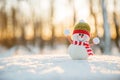 Snowman in winter wonderland scene. Christmas, New Year postcard design. Wintertime magic. Snowman in december snow at sunset Royalty Free Stock Photo