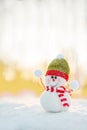 Snowman in winter wonderland scene. Christmas, New Year postcard design. Wintertime magic. Snowman in december snow at sunset Royalty Free Stock Photo