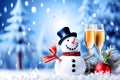 Snowman wishes you a wonderful Christmas and Happy new year with two glass of champagne in the snow Royalty Free Stock Photo