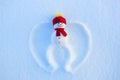 Snowman in yellow hat and scarf on the snow with drawn wings. Happy new year.