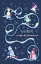 Snowmans. Winter entertainment. Winter background, festive template with funny characters.