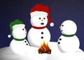 Snowmen around bonfire