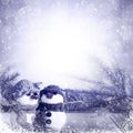 Snowmen blue wooden panel winter Royalty Free Stock Photo