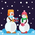 Snowmen with christmas gift and Snow girl