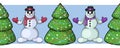 Snowmen in colorful hats walk behind a Christmas tree, seamless border pattern Royalty Free Stock Photo