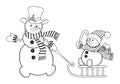 Snowmen Colouring Page. Cute Christmas Snowman Pulling Sleigh with Baby Snowman. Vector Christmas Family of Snowmen