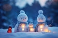 Snowmen family in a knitted caps and scarfs on snow