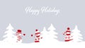 snowmen have fun. Christmas greeting card template. Winter background. Three cute snowmen in red winter clothes