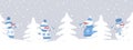 snowmen have fun. Seamless border. Christmas background. Four different snowmen in blue winter clothes and white fir trees