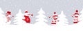 snowmen have fun. Seamless border. Christmas background. Four different snowmen in red winter clothes and fir trees