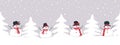 Snowmen have fun in winter holidays. Christmas background. Seamless border. Cute snowmen in black hats and red scarves