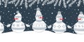 snowmen have fun in winter holidays. Seamless border. Christmas background. Different snowmen in gray winter clothes Royalty Free Stock Photo