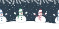 Snowmen have fun in winter holidays. Seamless border. Christmas background. Different snowmen in multicolored winter clothes Royalty Free Stock Photo