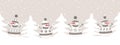 snowmen have fun in winter holidays. Seamless border. Christmas background. Four different snowmen in beige brown winter clothes