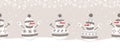 snowmen have fun in winter holidays. Seamless border. Christmas background. Four different snowmen in beige brown winter clothes