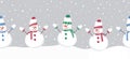 snowmen have fun in winter holidays. Seamless border. Christmas background. Four different snowmen in multicolored winter clothes Royalty Free Stock Photo