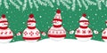 snowmen have fun in winter holidays. Seamless border. Christmas background. Four different snowmen in red winter clothes