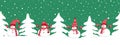 Snowmen have fun in winter holidays. Seamless border. Christmas background. Four different snowmen in red hats and scarves