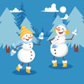 Snowmen having snowball fight banner vector illustration. Cheerful cartoon flat characters in hat, scarf, mitterns and