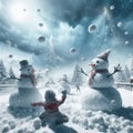 Snowmen having a snowball fight Royalty Free Stock Photo