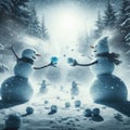 Snowmen having a snowball fight Royalty Free Stock Photo