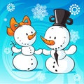 Snowmen in love on abstract background - vector