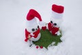 Snowmen in love with gifts for Valentine`s Day. Snowman gives flowers and heart.