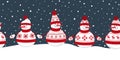 Snowmen rejoice in winter holidays. Seamless border. Christmas background. Different snowmen in red winter clothes holding hands Royalty Free Stock Photo