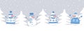 Snowmen rejoice in winter holidays. Seamless border. Christmas background. Four different snowmen in blue winter clothes