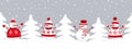 Snowmen rejoice in winter holidays. Seamless border. Christmas background. Four different snowmen in red winter clothes