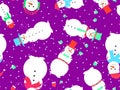 Snowmen seamless pattern. Snowmen dressed in hats, scarves, mittens, ties, headphones and bow tie for suit. Snowman made of three